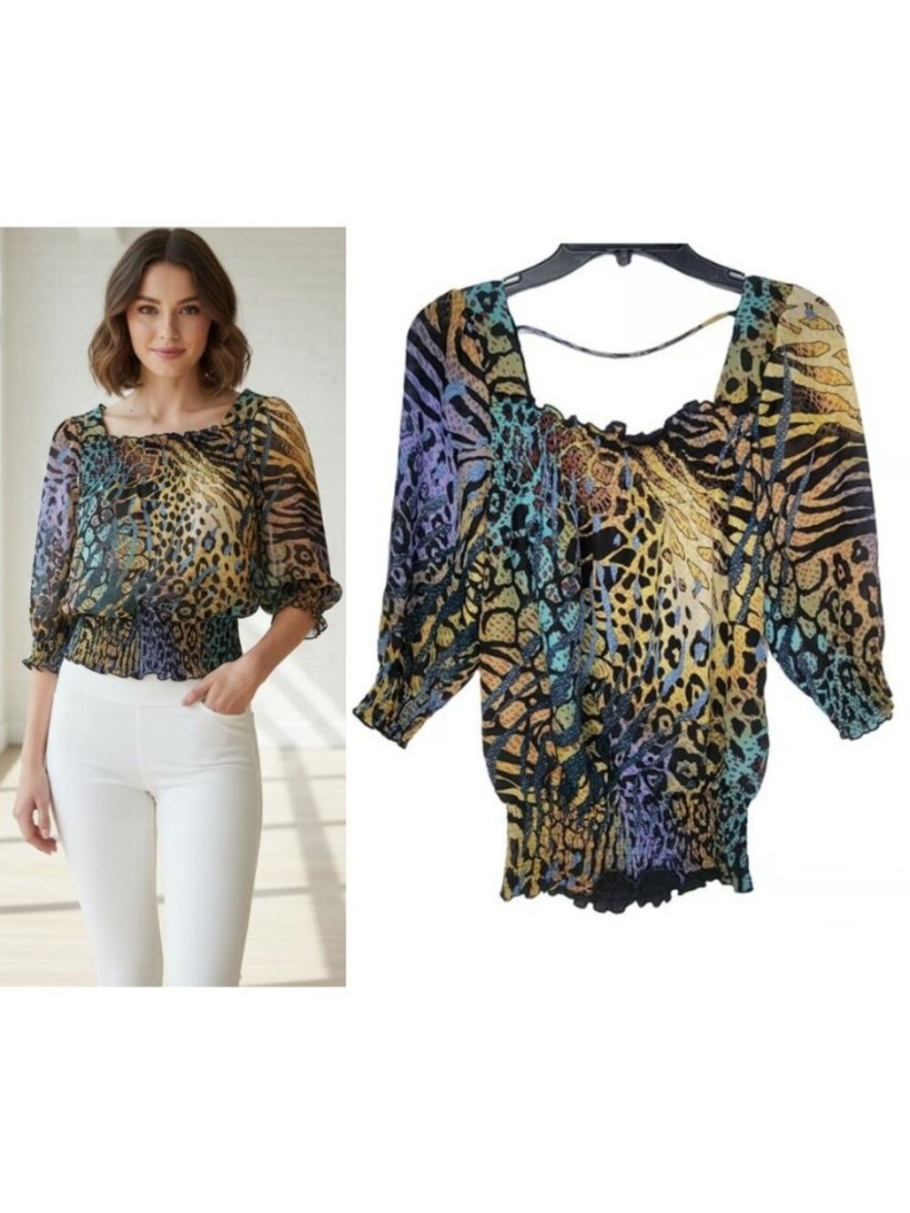 ⭐Notations Womens Blouse Sz S Animal Leopard Print Elastic Waist 3/4 Sleeve Top⭐